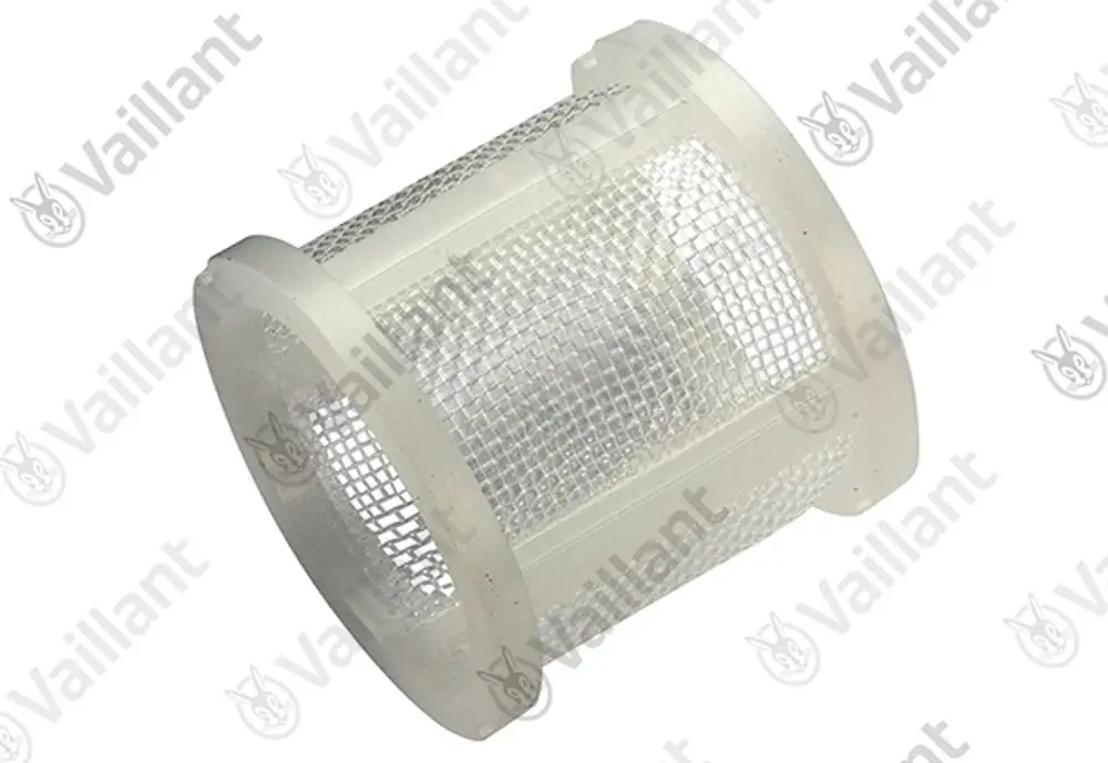 Vaillant Wassersieb mit einem zylindrischen Gehäuse aus transparentem Material und einem feinen Netz, geeignet zur Filterung von Wasser in Heizsystemen.